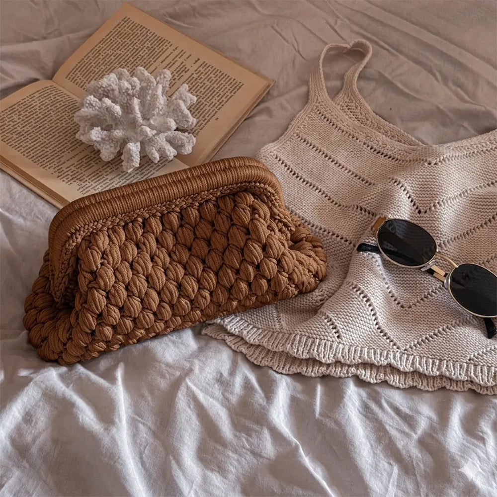 Crochet Cloud Clutch with Hidden Metal Locker - Cinnamon Roll