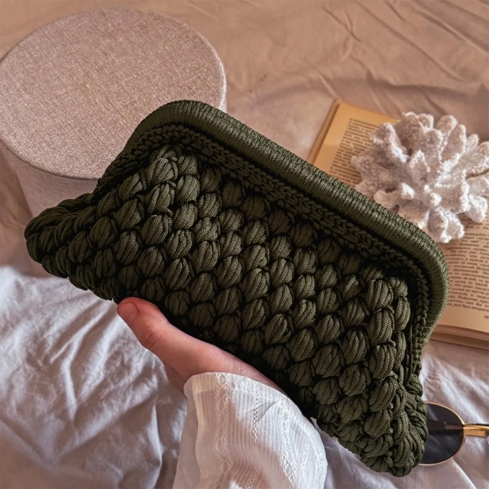 Crochet Cloud Clutch with Hidden Metal Locker - Khaki