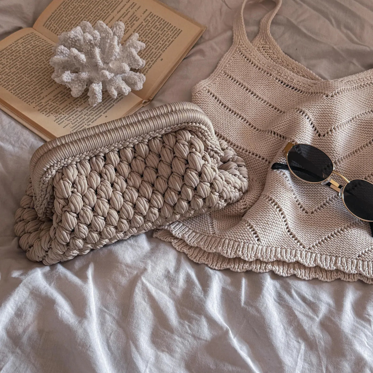 Crochet Cloud Clutch with Hidden Metal Locker - Ivory