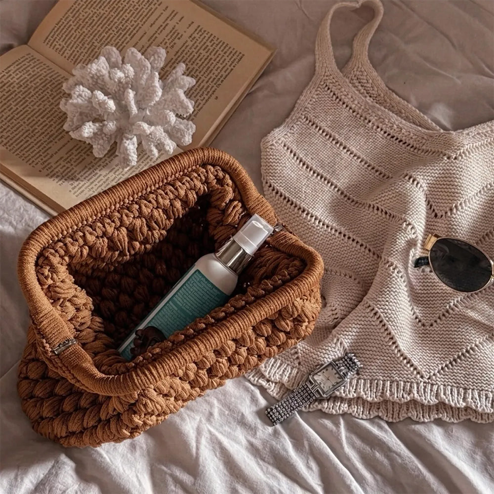 Crochet Cloud Clutch with Hidden Metal Locker - Cinnamon Roll