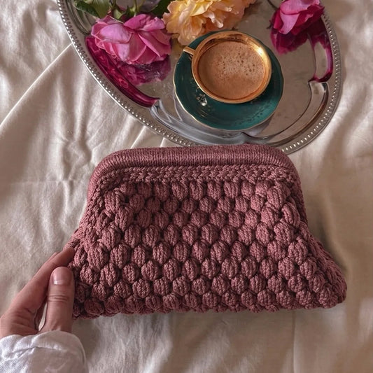 Crochet Cloud Clutch with Hidden Metal Locker - Dusty pink