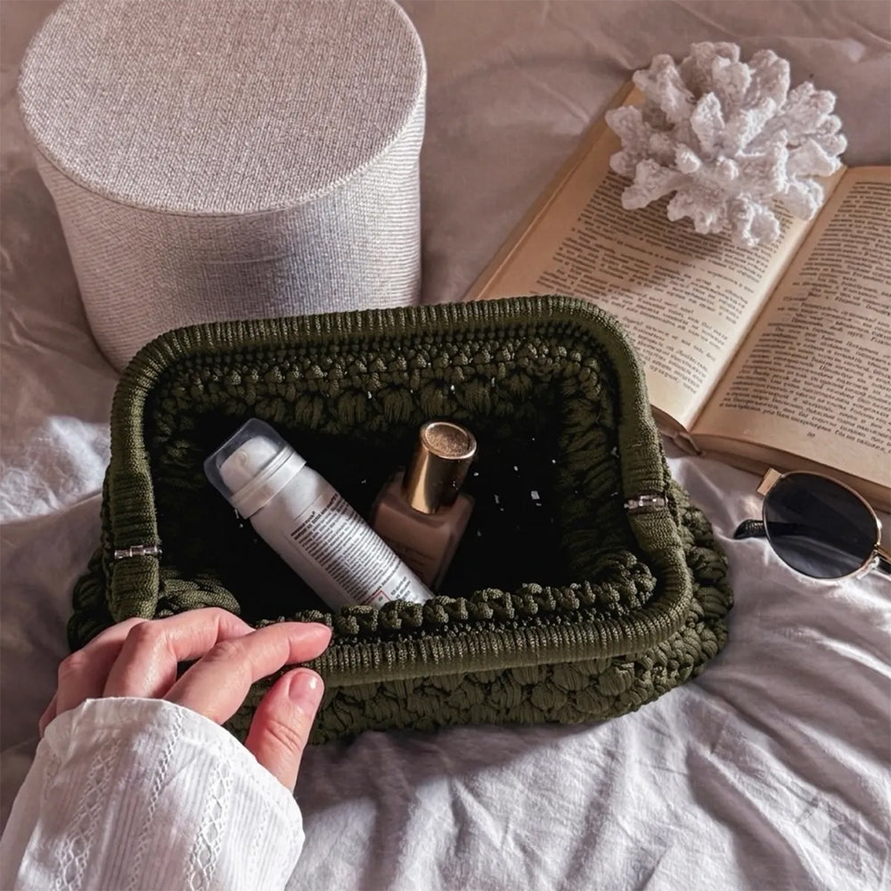 Crochet Cloud Clutch with Hidden Metal Locker - Khaki