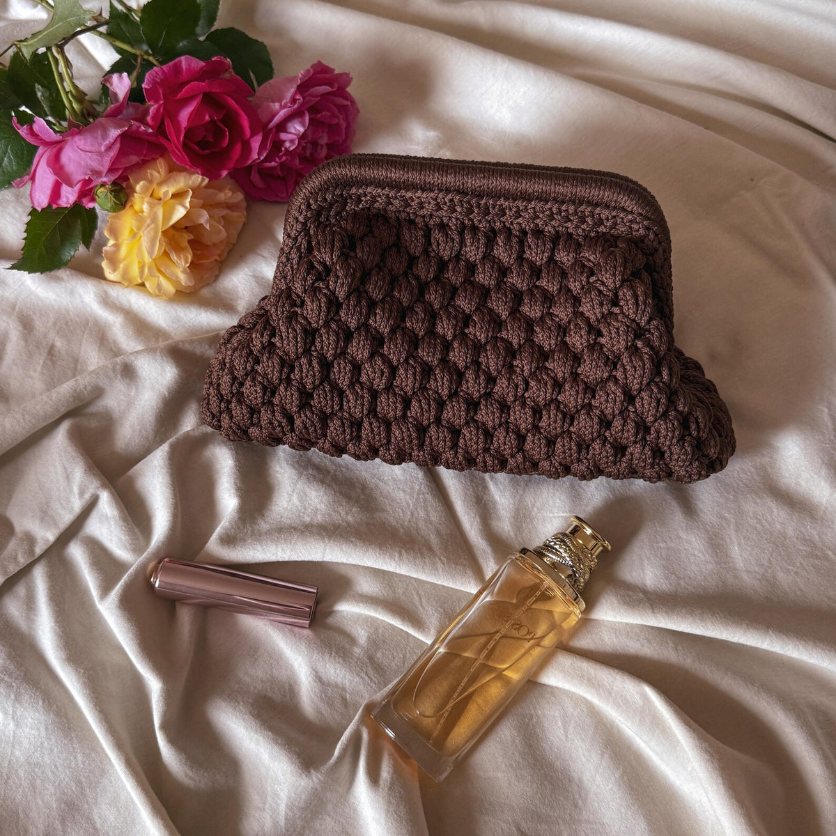 Crochet Cloud Clutch with Hidden Metal Locker - Chocolate