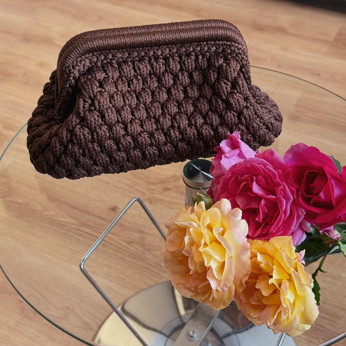 Crochet Cloud Clutch with Hidden Metal Locker - Chocolate
