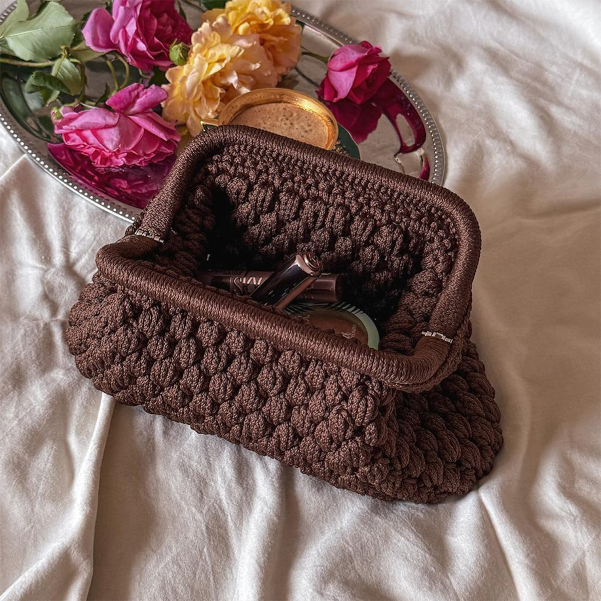 Crochet Cloud Clutch with Hidden Metal Locker - Chocolate