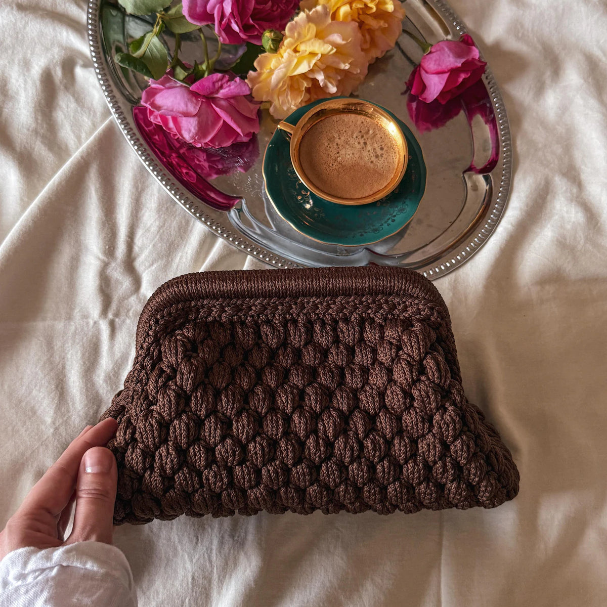 Crochet Cloud Clutch with Hidden Metal Locker - Chocolate