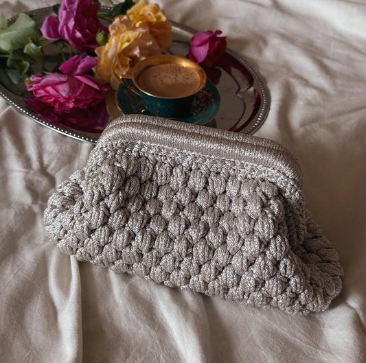 Crochet Cloud Clutch with Hidden Metal Locker - Silver