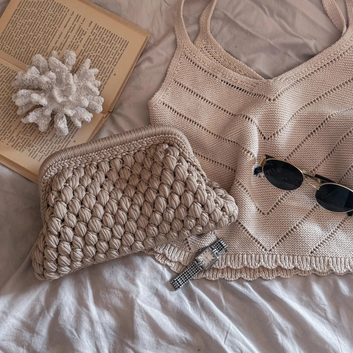 Crochet Cloud Clutch with Hidden Metal Locker - Ivory