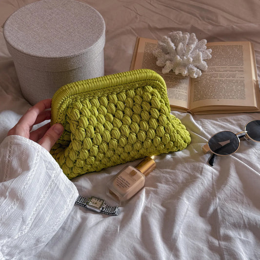 Crochet Cloud Clutch with Hidden Metal Locker - Lemon Green