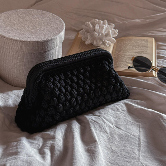 Crochet Cloud Clutch with Hidden Metal Locker - Black