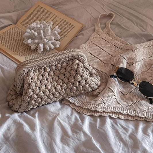 Crochet Cloud Clutch with Hidden Metal Locker - Ivory