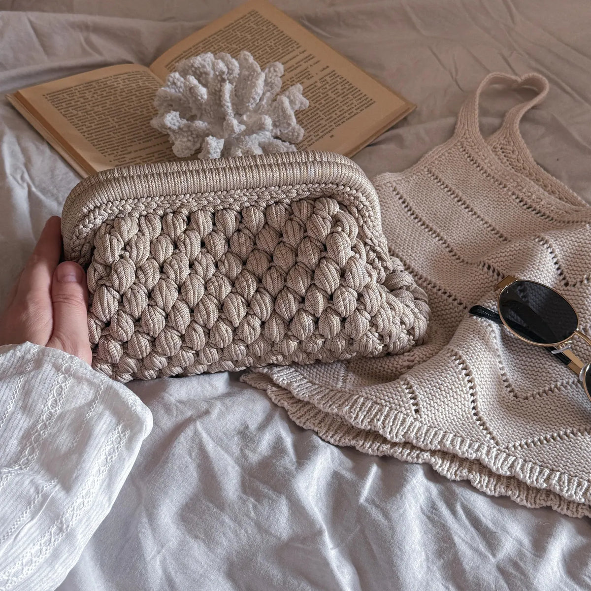 Crochet Cloud Clutch with Hidden Metal Locker - Ivory