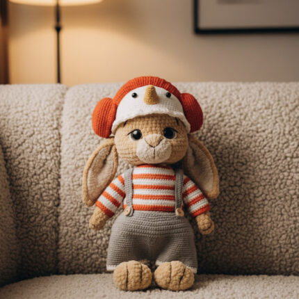 Jouet en peluche crocheté – lapin avec chapeau et écouteurs