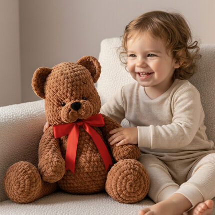 Crochet Plushie Soft Toy – Bear with Red Tie