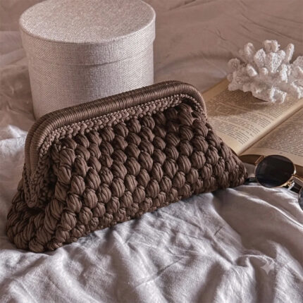 Crochet Cloud Clutch with Hidden Metal Locker - Coffee