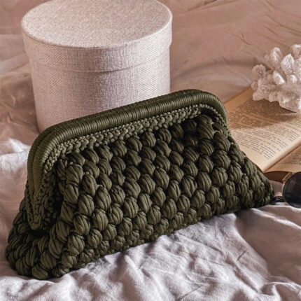 Crochet Cloud Clutch with Hidden Metal Locker - Khaki