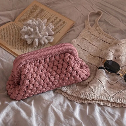 Crochet Cloud Clutch with Hidden Metal Locker - Pink
