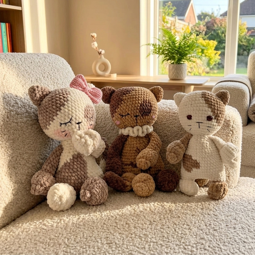 TO-000075 Crochet Plushie Soft Toy – Cat_0001_Three_knitted_toys_on_sofa_202607122009